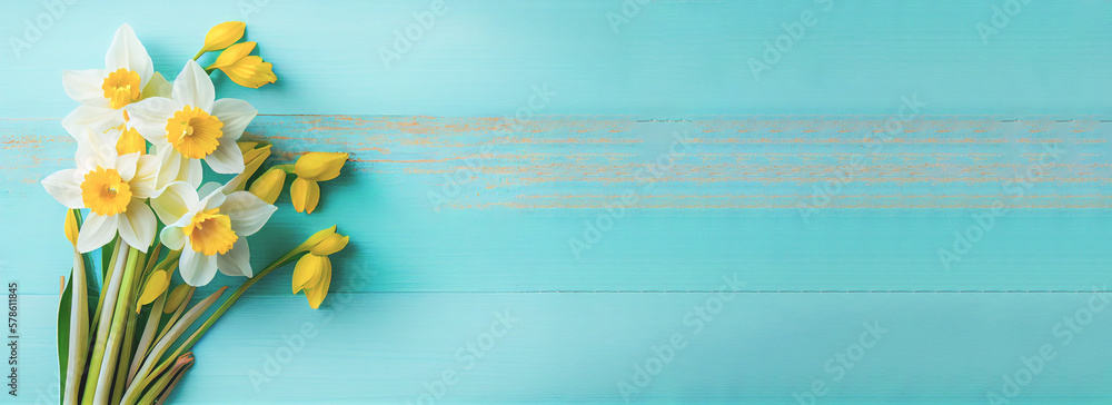Poster spring easter background with top view of daffodils bouquet on light blue wooden table with copy spa