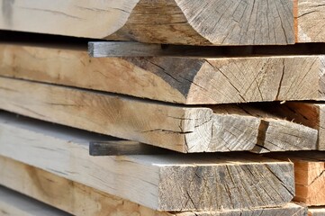 A stack of wooden planks close-up