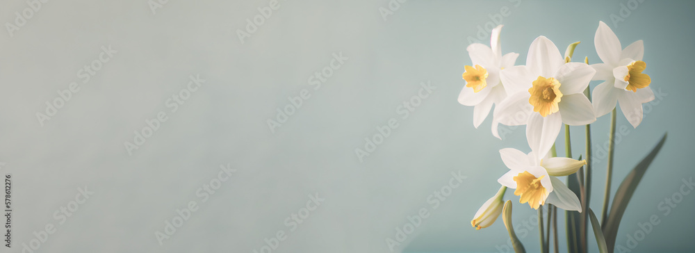 Poster spring easter background with top view of daffodils bouquet on light blue background with copy space