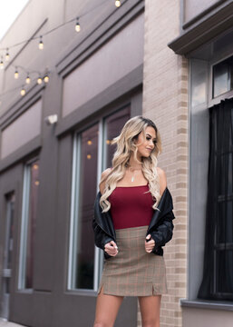 Pretty blonde in the downtown streets.