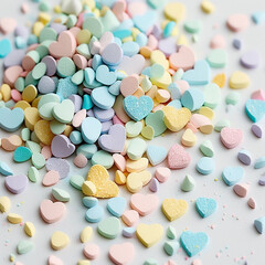 Fototapeta na wymiar Colorful pastel heart shaped confetti. Concept of love or romance relationship. Generative AI.