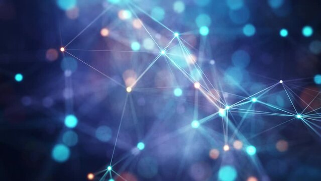 Abstract connected dots and lines. Concept of AI technology, Motion of digital data flow. Communication and technology network concept with moving lines and dots. 3D rendering