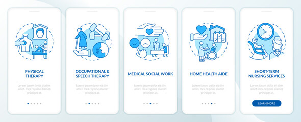 Fototapeta na wymiar Home health care services blue onboarding mobile app screen. Walkthrough 5 steps editable graphic instructions with linear concepts. UI, UX, GUI template. Myriad Pro-Bold, Regular fonts used