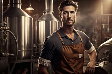 bearded male brewer in interior of modern brewery factory. Generative AI