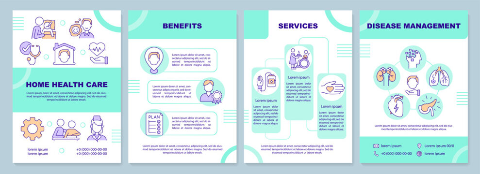 Home Health Care Turquoise Brochure Template. Leaflet Design With Linear Icons. Editable 4 Vector Layouts For Presentation, Annual Reports. Arial-Black, Myriad Pro-Regular Fonts Used