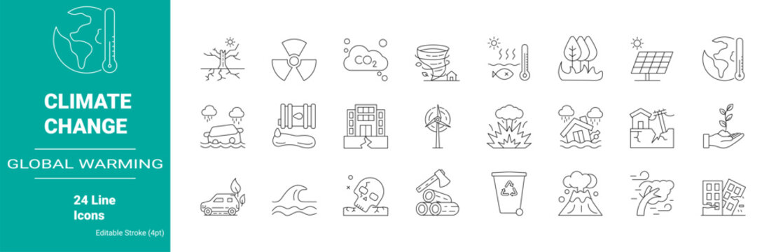 Set of climate change line icons for web. Catastrophe, cataclysm. global warming. eco product, clean energy, renewable energy, recycling, reusable, environmental friendliness.