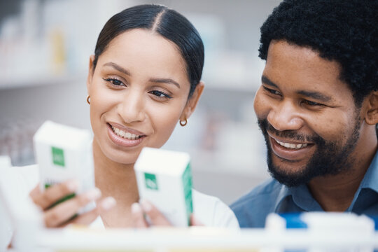 Pharmacist, Worker Or Helping Customer With Medicine Information, Pills Instruction Or Medical Consulting In Store. Happy Pharmacy Woman, Black Man Or Patient With Retail Drugs Or Healthcare Product