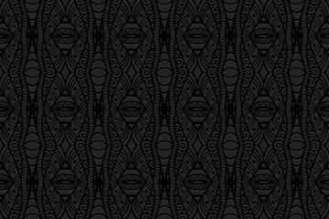 Embossed black background, decorative cover design. Geometric 3D pattern, press paper, leather, ethnic boho, vintage handmade themes in the style of the peoples of the East, Asia, India, Mexico, Aztec