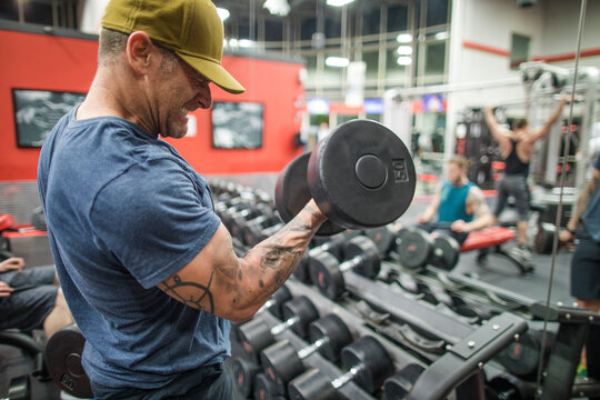 Cropped view of Man training biceps in gym with dumbbells
