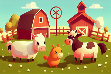 Farm animals in farm sunny day cheerful.