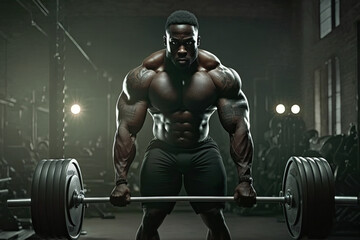 Fototapeta na wymiar black male athlete exercises with a barbell in the gym. Generative AI