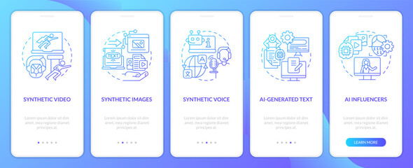Synthetic media types blue gradient onboarding mobile app screen. VR walkthrough 5 steps graphic instructions with linear concepts. UI, UX, GUI template. Myriad Pro-Bold, Regular fonts used