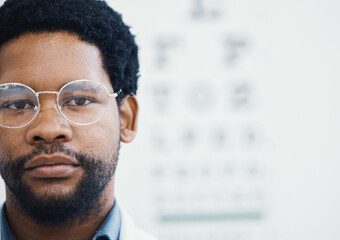 Black man, portrait or glasses for eyes care, healthcare wellness or optometry help in retail store...
