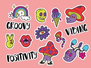 Hand drawn ready set with cool and trippy stickers, psychedelic objects and signs. Isolated vector illustration in old-school cartoon design