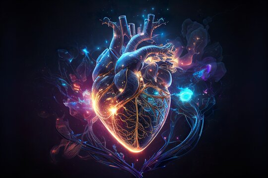 An anatomical heart made of wires and circuits is connected to an AI system, as light trails depict the futuristic and technological nature of this concept.