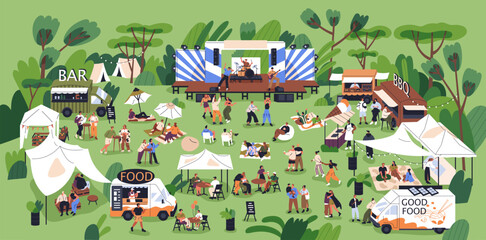 Music festival, open-air concert with outdoor stage, live performance, dancing people in nature, food trucks and tents. Summer public entertainment party, picnic in park. Flat vector illustration - obrazy, fototapety, plakaty