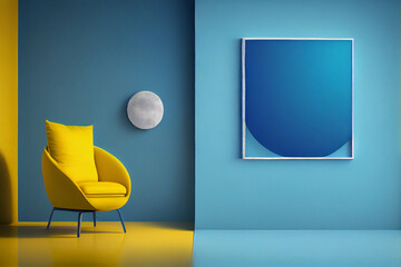 Interior room with a yellow armchair, pillows with copy space on empty blue wall background. A blank wall with a vertical poster. Generative Ai.