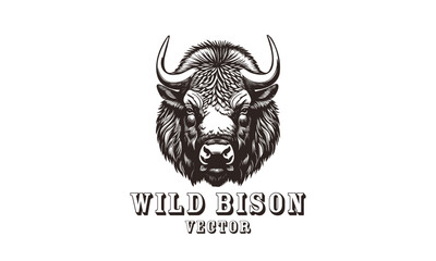 Vector huge horned head of wild bison or buffalo. Logo, icon or sticker. White isolated background.