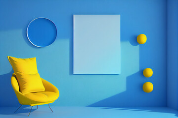 Interior room with a yellow armchair and pillows with copy space on empty blue wall background. A blank wall with a vertical poster. Generative Ai.