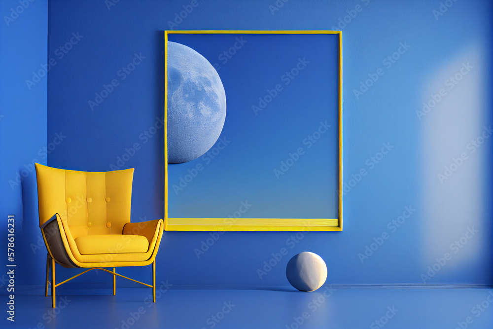 Wall mural interior frame living room with yellow velvet armchair on empty blue wall background. a blank wall w