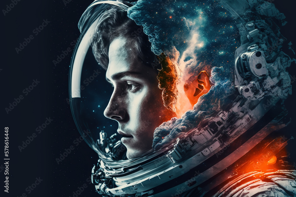 Wall mural fantastic portrait of a male astronaut in a modern helmet and spacesuit. generative ai