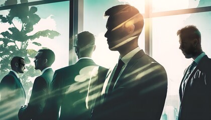 Business people conference group meeting on city office building in background showing partnership success of business 