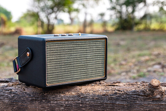 Portable wireless bluetooth speaker AMP for listening to music on log in the forest