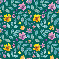 Seamless pattern of watercolor pink and yellow flowers and blue green leaves. Hand drawn illustration. Botanical hand painted floral elements on green background.