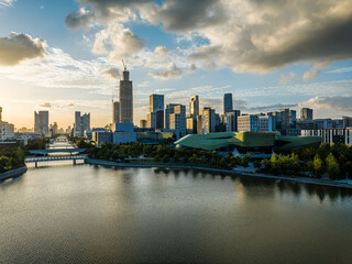 Fototapeta na wymiar Beautiful city skyline and modern buildings at sunset in Ningbo, Zhejiang Province, China.
