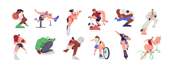 Athletes and sports set. Professional football, basketball, tennis, soccer, rugby players, boxing, gymnastics, karate, track and field sportsmen. Flat vector illustrations isolated on white background - obrazy, fototapety, plakaty