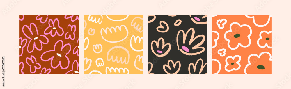 Aufkleber seamless doodle patterns with flowers, abstract shapes set. repeating prints, endless backgrounds. n