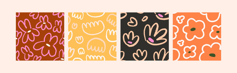 Seamless doodle patterns with flowers, abstract shapes set. Repeating prints, endless backgrounds. Naive floral textures designs for textile, fabric. Printable trendy flat vector illustrations
