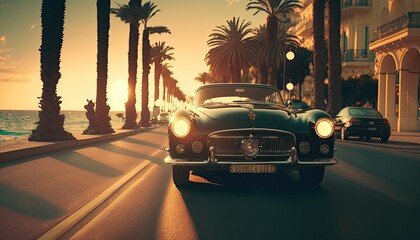 Fototapeta na wymiar Retro luxury vintage car driving at sunset with the palms in the background. Generative AI