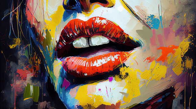 Falling and Exploding Colorful Paint Splashing on Women's Red Lips AI Generative Art