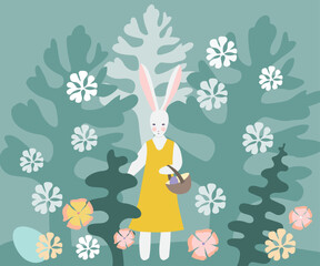 Obraz na płótnie Canvas Easter egg hunt. Vector illustration of an Easter bunny and eggs. Spring background, trees, flowers.
