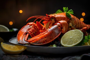 Closeup photo of a lobster with a lemon. Generative AI