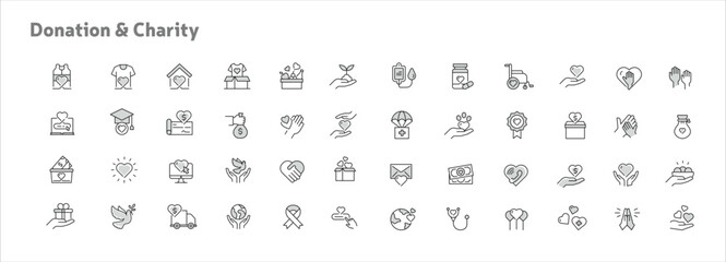 Charity and Donations Icon Set, Donations and Volunteering icons, Charity Icon Collection, Charitable Giving and Fundraising Icons. Vector Icons with Editable Stroke.