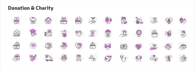 Charity and Donations Icon Set, Giving and Philanthropy, Non-Profit, and Charity Icon Collection, Humanitarian Aid Icon Pack, Charitable Giving and Fundraising, vector line icons with editable stroke. - obrazy, fototapety, plakaty