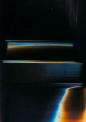 Obraz premium Old film. Glitch noise. Worn texture. Blue orange rainbow color light flare defect dust scratches on dark black abstract illustration background.