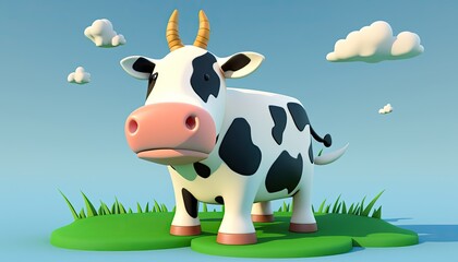 Obraz na płótnie Canvas Cartoon 3D cow on the field near the farm. Children's book illustration. Generative AI