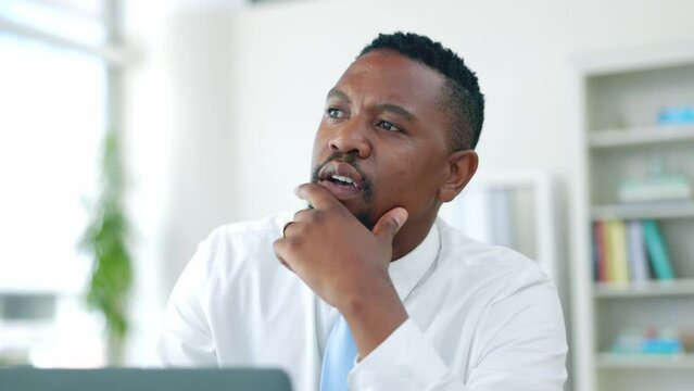 Black man, office and laptop with thinking, idea and company vision for proposal, strategy and focus. Corporate executive, ceo and entrepreneur for reading, computer or planning project with analysis