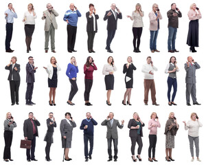 Obraz premium group of people holding phone in hand isolated