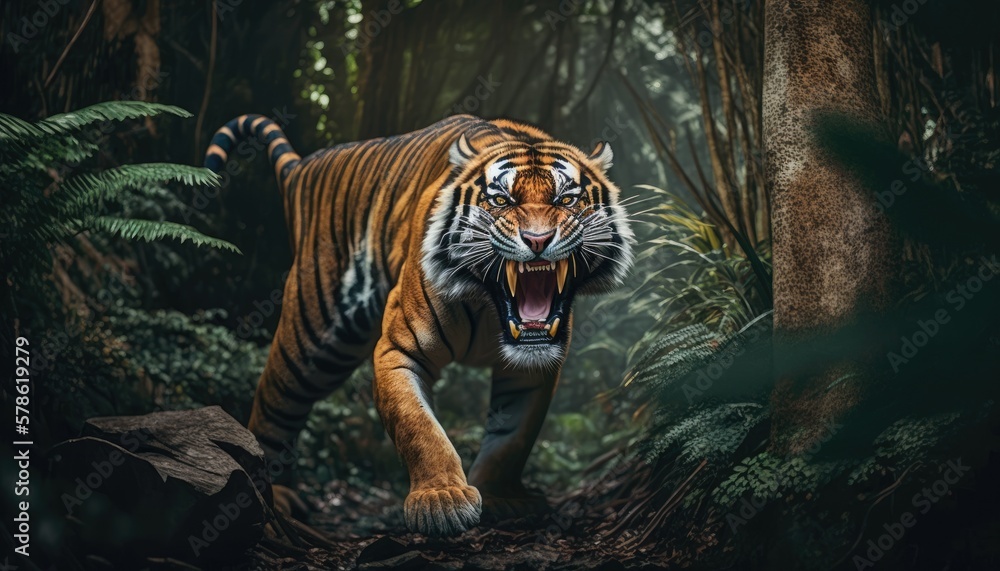 Wall mural angry tiger in the jungle in action while hunting its prey. generative ai