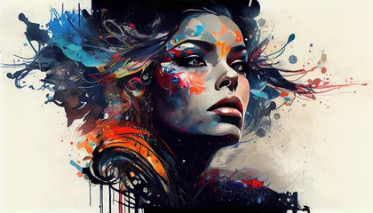Gorgeous Women Beautiful Face with Long Hairs in Oil Painting Watercolored Close-Up Photograph AI Generative © BlueMistFilmStudios