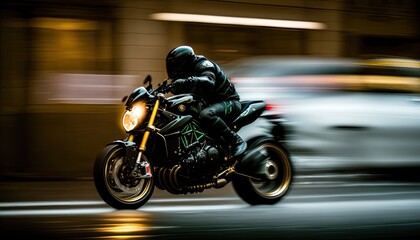 Fast moving extreme athlete sport motorcycle bike racing in a city. Generative AI