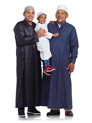The Muslim grandfather, father, and boy stand together, bonded by their shared values and cultural traditions, exuding love and relaxation isolated on a PNG background