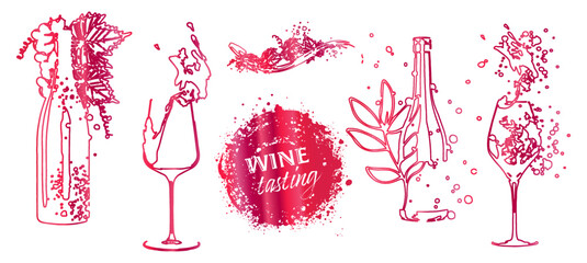 Wine tasting - hand drawn line art of wine, bottles and glasses. Art for menu, shop, market or sale. Wine bottles with wine stains. Sketchy collection of grape leaves and different wine elements.