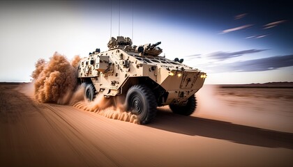 Fast moving military vehicle on the duty in a desert. Generative AI