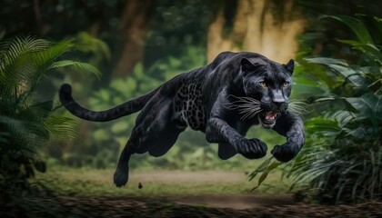 Angry panther in the jungle during a jump while hunting its prey. Generative AI - obrazy, fototapety, plakaty