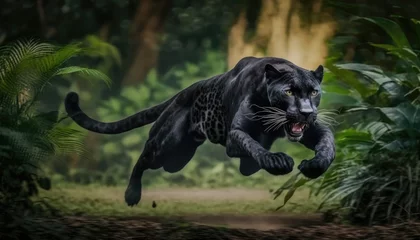 Foto op Plexiglas Angry panther in the jungle during a jump while hunting its prey. Generative AI © Generative Professor